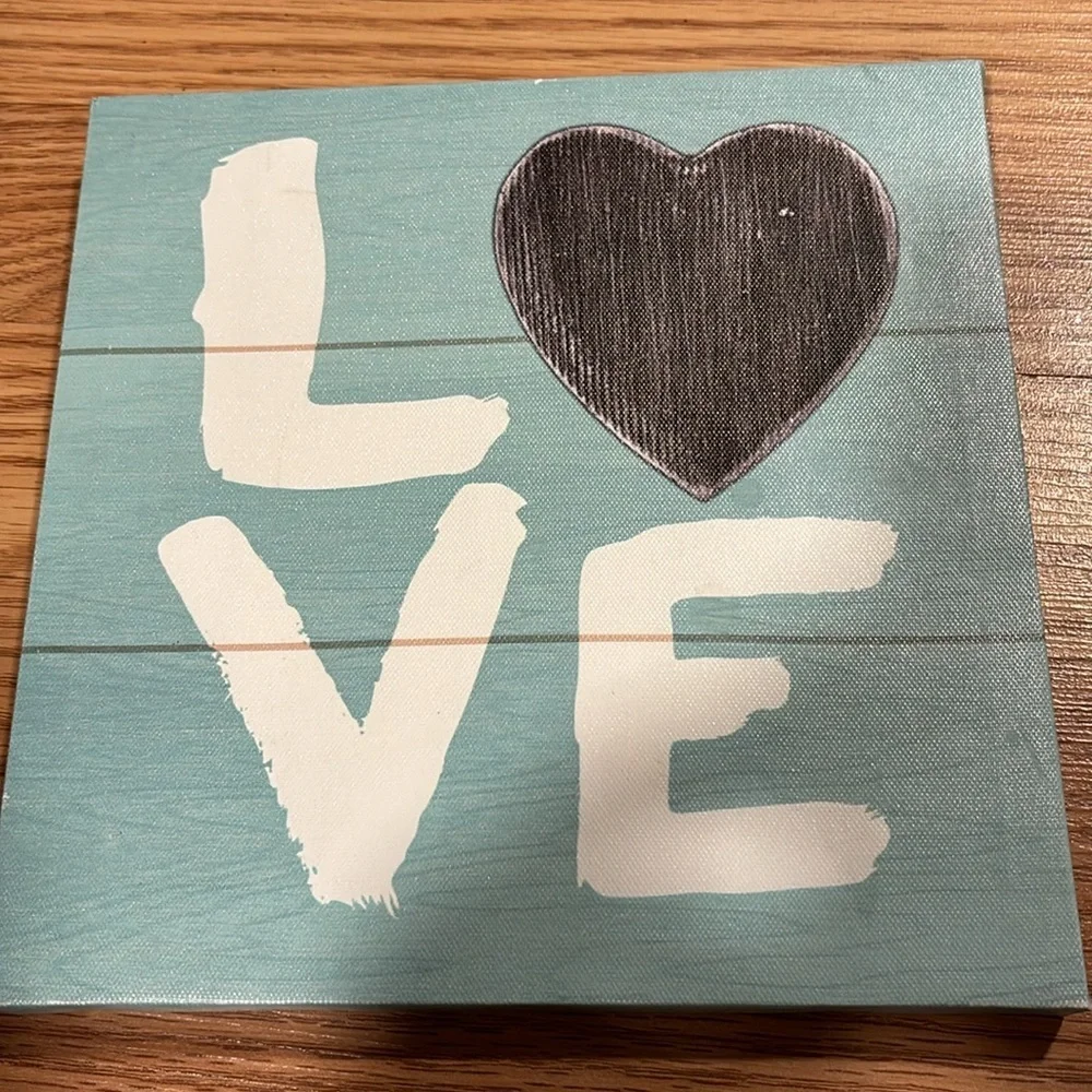 Love canvas wall decoration sign. Teal, white and black.